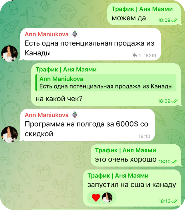 Анна сообщает о потенциальной продаже программы за 6000 долларов. Сообщение об обсуждении программы.
