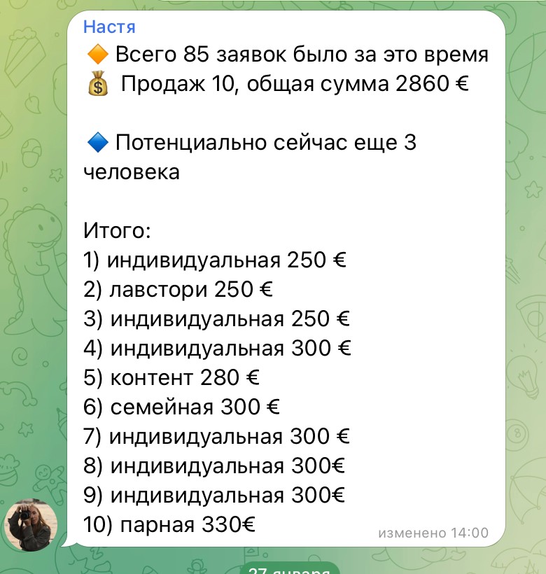 Настя сообщает о 85 заявках, 10 продажах на 2860 евро и трёх потенциальных клиентах.